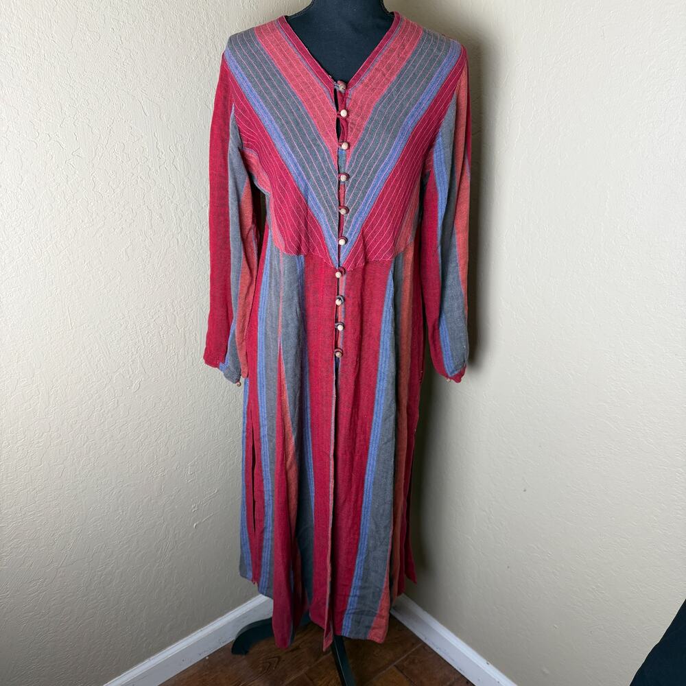 Generation Women's L Striped Button Front Maxi Dress Red Gray Blue Boho